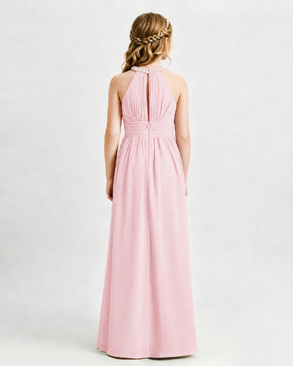 Pink Junior Bridesmaid Dress Pearl Trim Halter Slit Chiffon Floor-Length Gown Back View