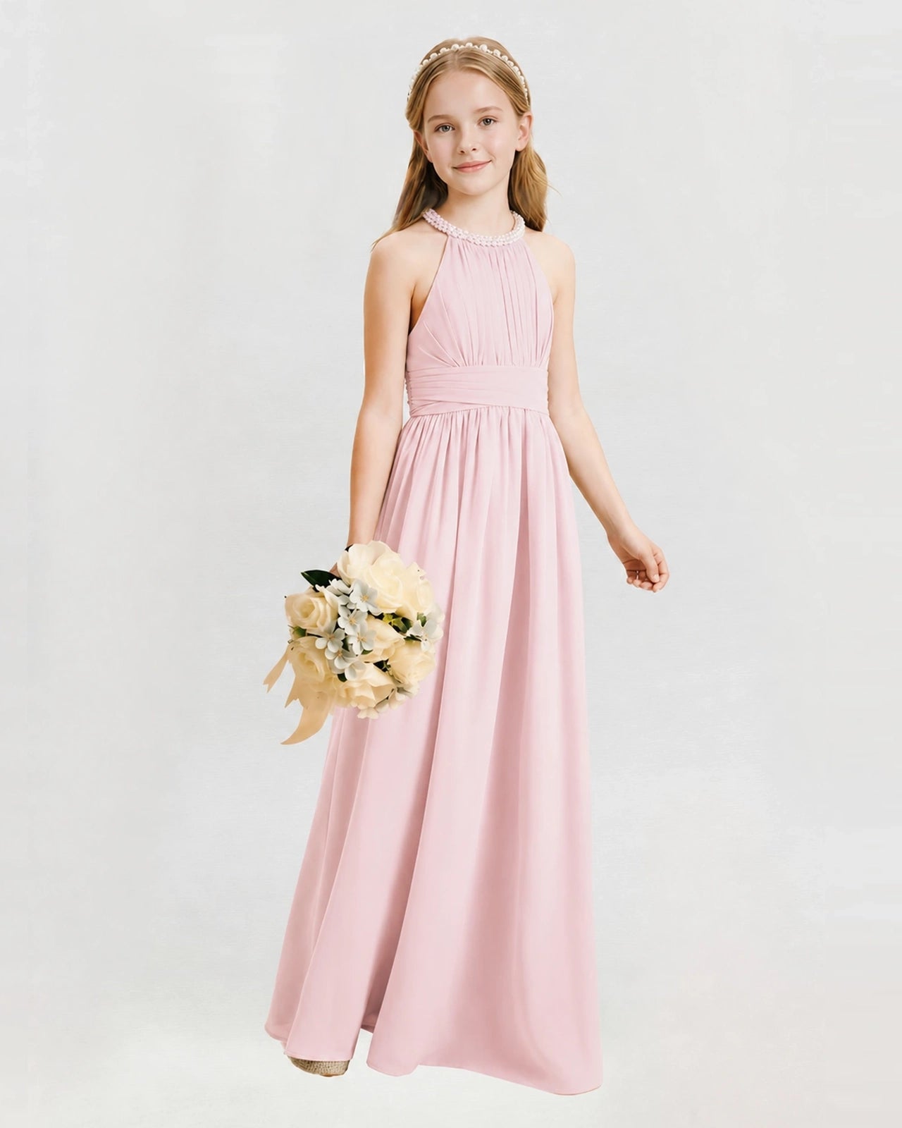 Pink Junior Bridesmaid Dress Pearl Trim Halter Slit Chiffon Floor-Length Gown Front View
