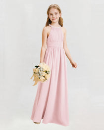 Pink Junior Bridesmaid Dress Pearl Trim Halter Slit Chiffon Floor-Length Gown Front View