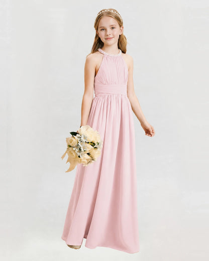 Pink Junior Bridesmaid Dress Pearl Trim Halter Slit Chiffon Floor-Length Gown Front View