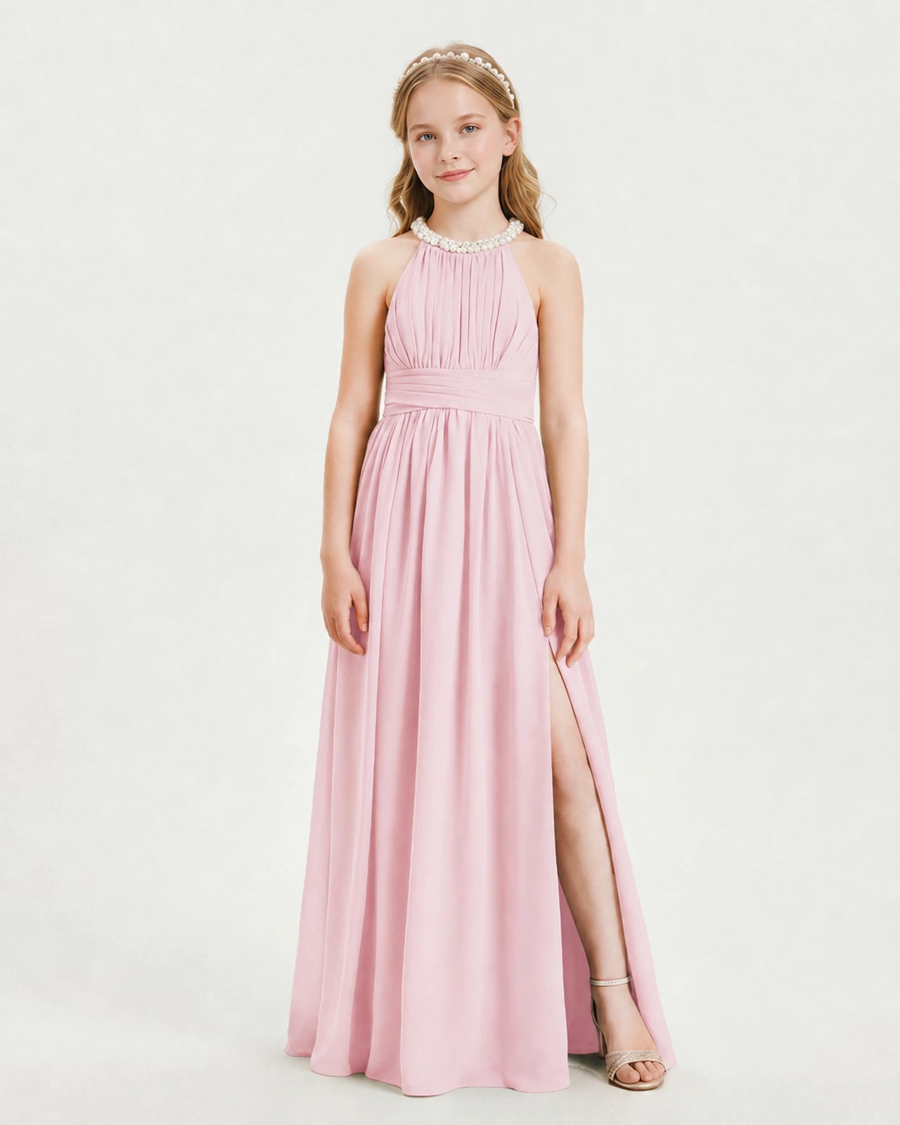 Pink Junior Bridesmaid Dress Pearl Trim Halter Slit Chiffon Floor-Length Gown Front View