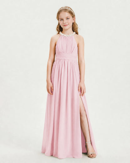 Pink Junior Bridesmaid Dress Pearl Trim Halter Slit Chiffon Floor-Length Gown Front View