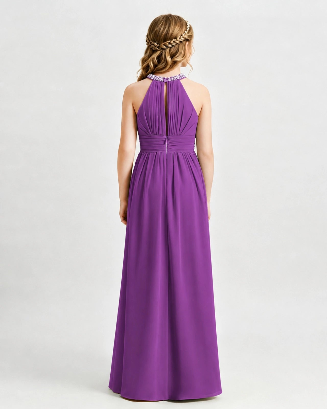 Purple Junior Bridesmaid Dress Pearl Trim Halter Slit Chiffon Floor-Length Gown Back View