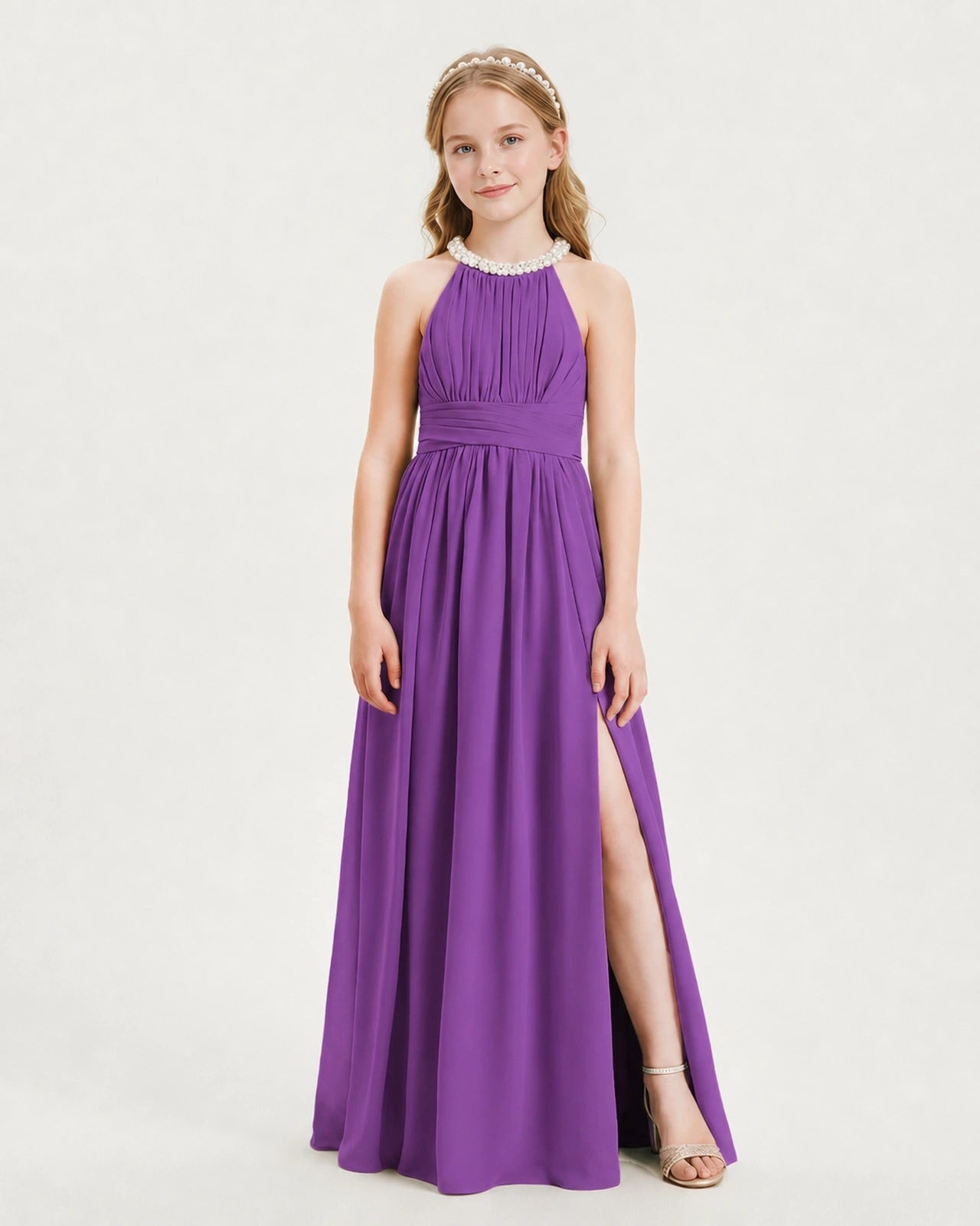 Purple Junior Bridesmaid Dress Pearl Trim Halter Slit Chiffon Floor-Length Gown Front View