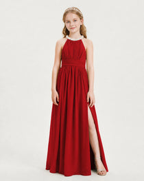 Red Junior Bridesmaid Dress Pearl Trim Halter Slit Chiffon Floor-Length Gown Front View