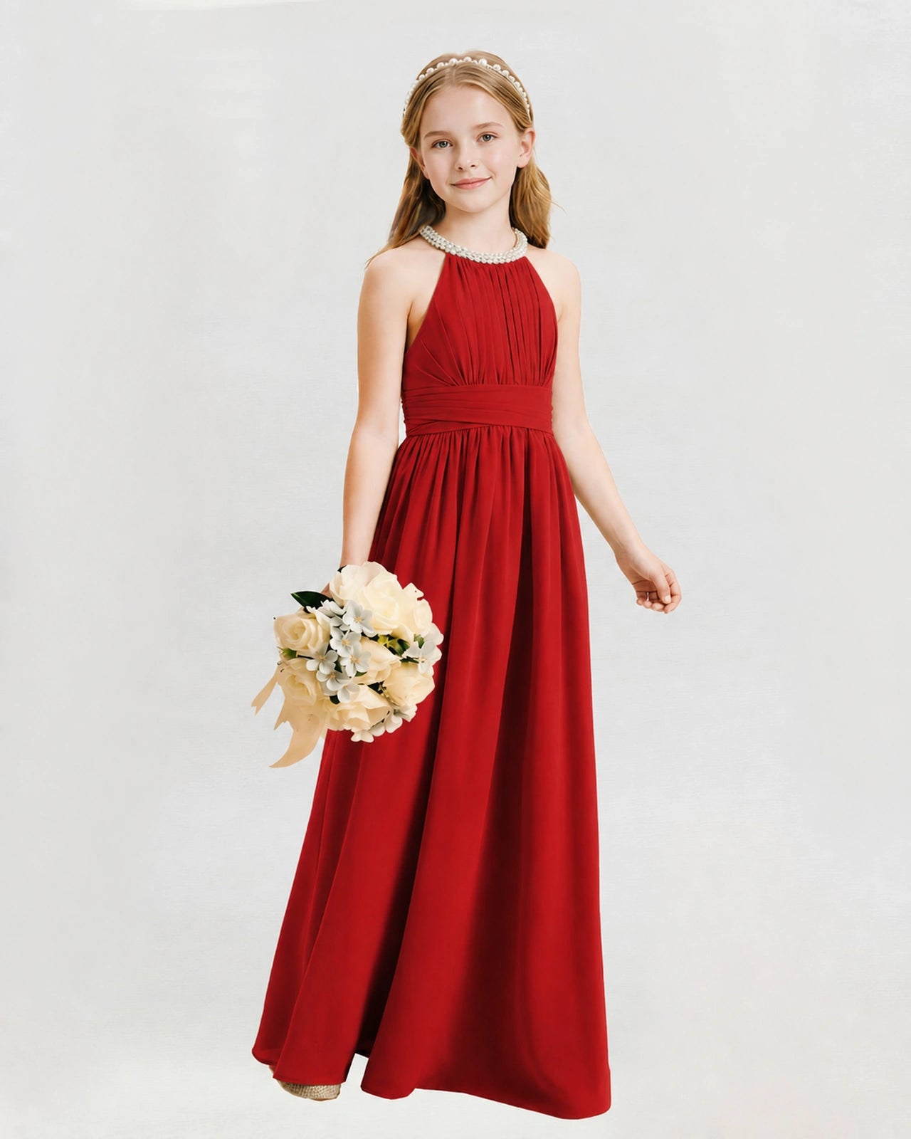 Red Junior Bridesmaid Dress Pearl Trim Halter Slit Chiffon Floor-Length Gown Front View
