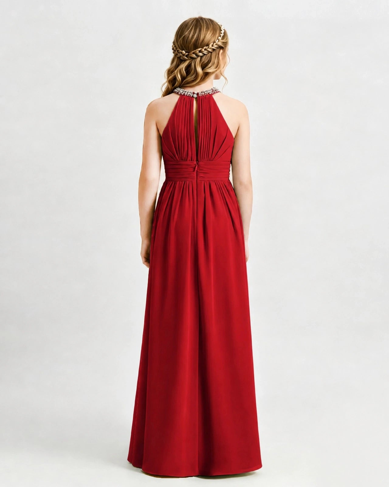 Red Junior Bridesmaid Dress Pearl Trim Halter Slit Chiffon Floor-Length Gown Back View