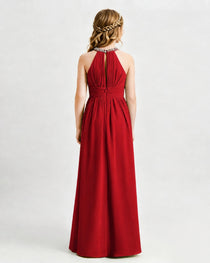 Red Junior Bridesmaid Dress Pearl Trim Halter Slit Chiffon Floor-Length Gown Back View