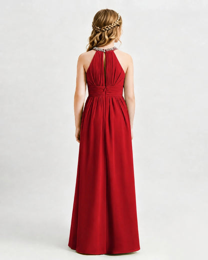Red Junior Bridesmaid Dress Pearl Trim Halter Slit Chiffon Floor-Length Gown Back View