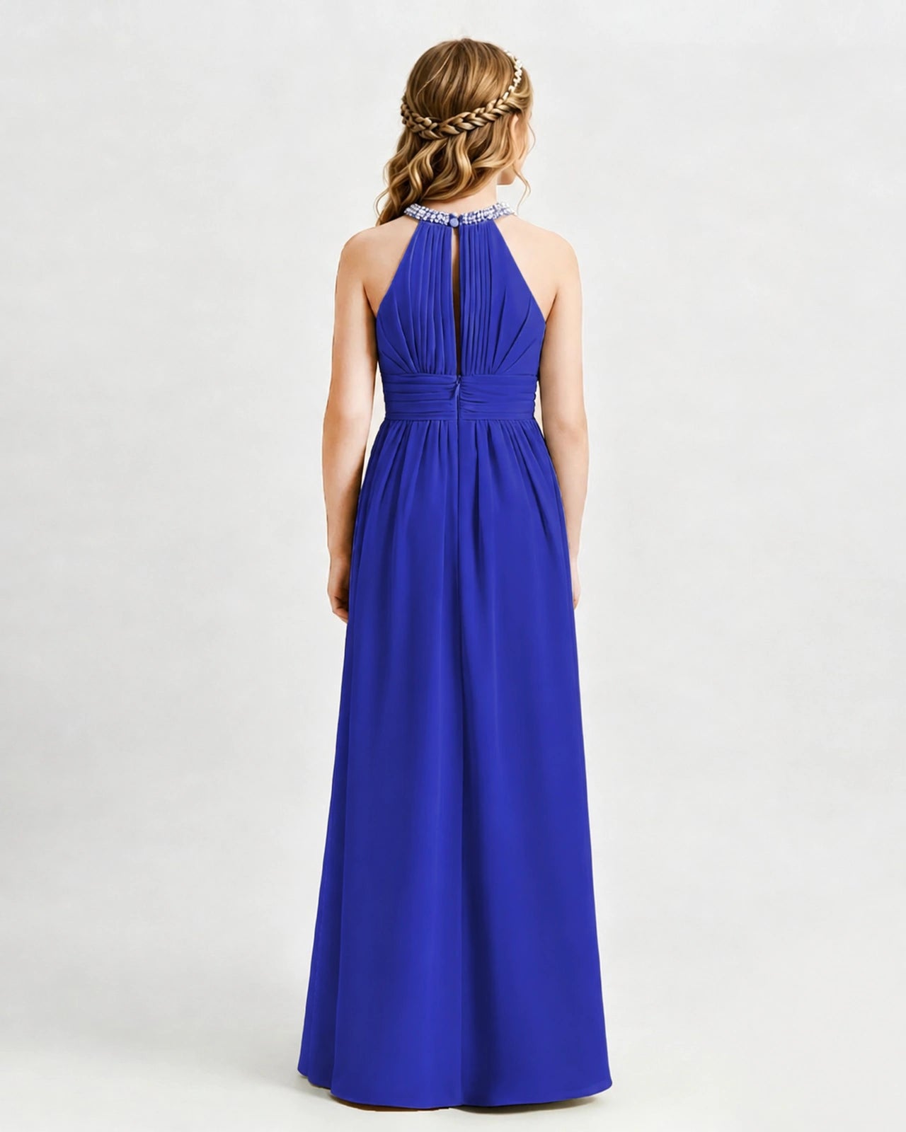 Royal Blue Junior Bridesmaid Dress Pearl Trim Halter Slit Chiffon Floor-Length Gown Back View