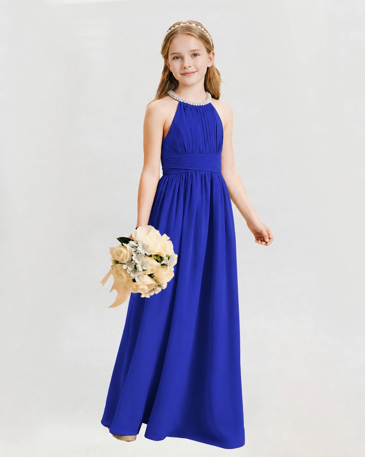 Royal Blue Junior Bridesmaid Dress Pearl Trim Halter Slit Chiffon Floor-Length Gown Front View