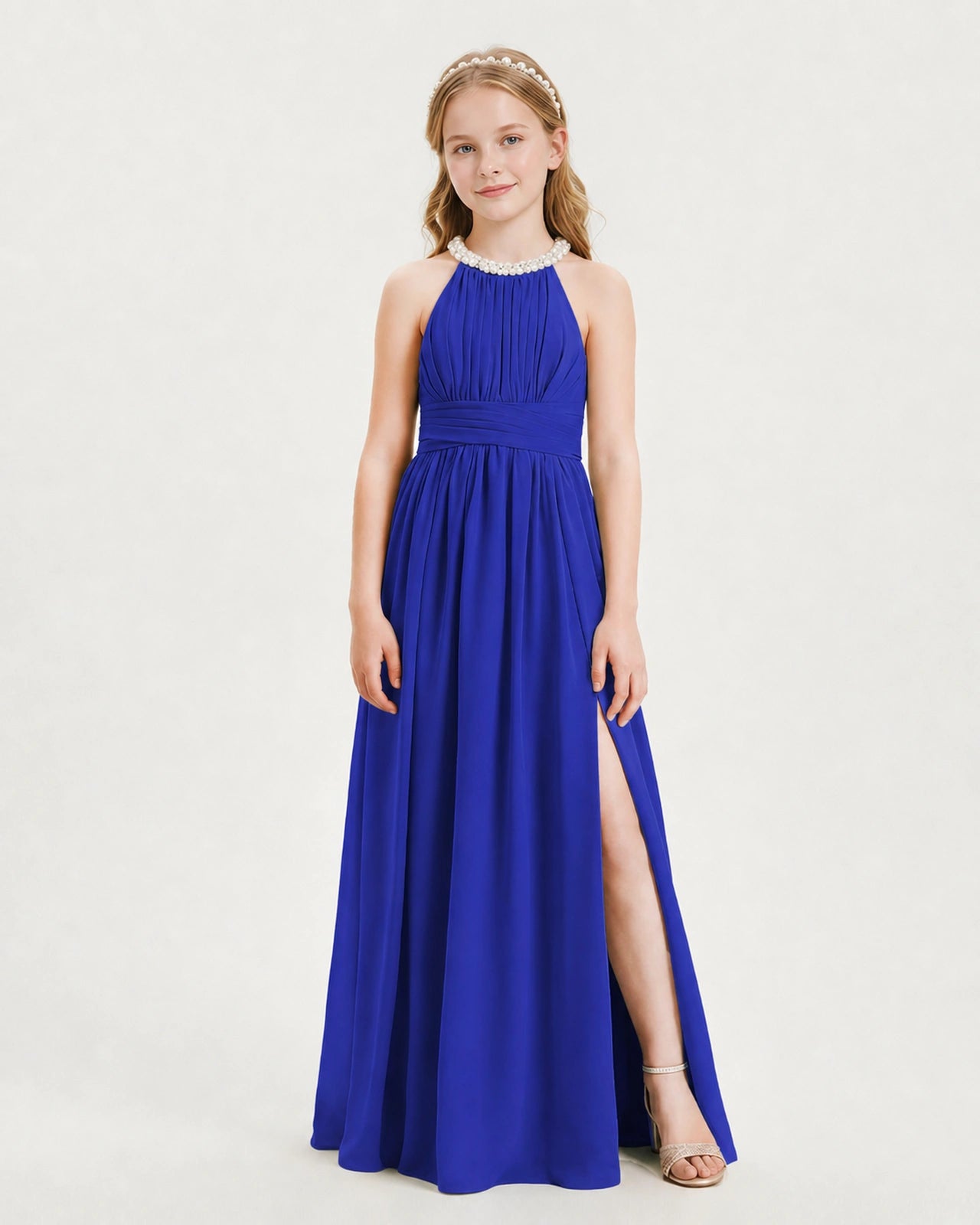 Royal Blue Junior Bridesmaid Dress Pearl Trim Halter Slit Chiffon Floor-Length Gown Front View