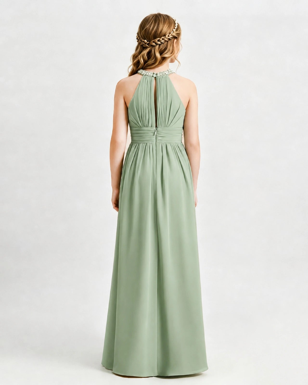 Sage Green Junior Bridesmaid Dress Pearl Trim Halter Slit Chiffon Floor-Length Gown Back View