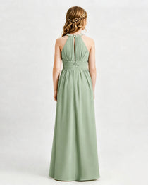 Sage Green Junior Bridesmaid Dress Pearl Trim Halter Slit Chiffon Floor-Length Gown Back View