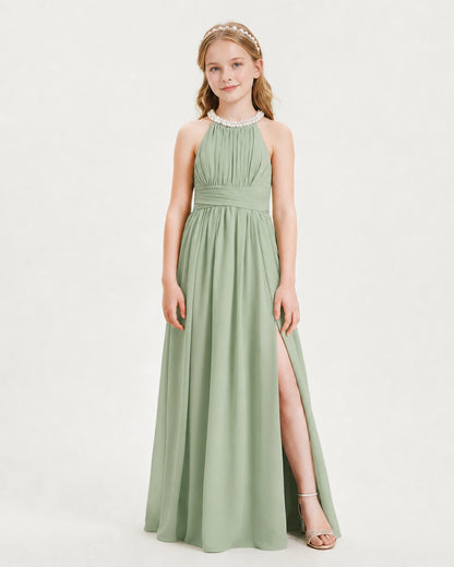 Sage Green Junior Bridesmaid Dress Pearl Trim Halter Slit Chiffon Floor-Length Gown Front View