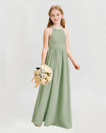 Sage Green Junior Bridesmaid Dress Pearl Trim Halter Slit Chiffon Floor-Length Gown Front View