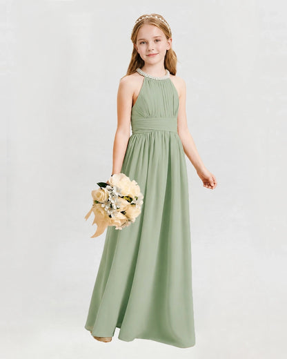 Sage Green Junior Bridesmaid Dress Pearl Trim Halter Slit Chiffon Floor-Length Gown Front View
