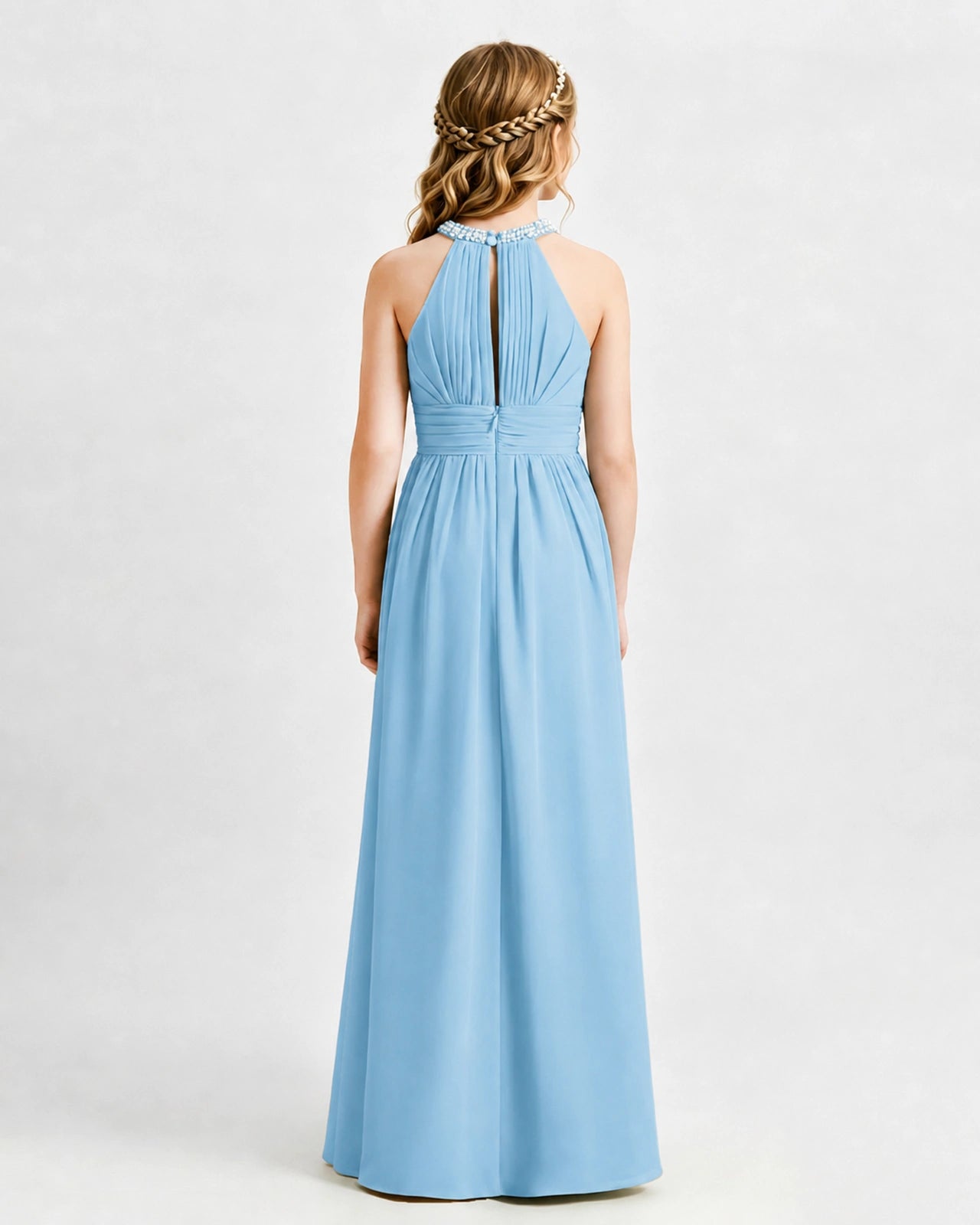 Sky Blue Junior Bridesmaid Dress Pearl Trim Halter Slit Chiffon Floor-Length Gown Back View