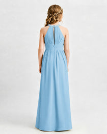 Sky Blue Junior Bridesmaid Dress Pearl Trim Halter Slit Chiffon Floor-Length Gown Back View