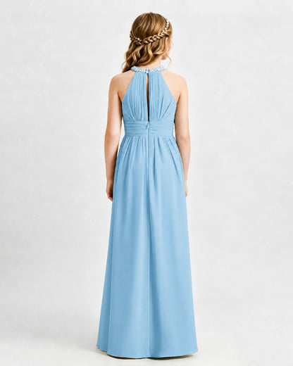 Sky Blue Junior Bridesmaid Dress Pearl Trim Halter Slit Chiffon Floor-Length Gown Back View