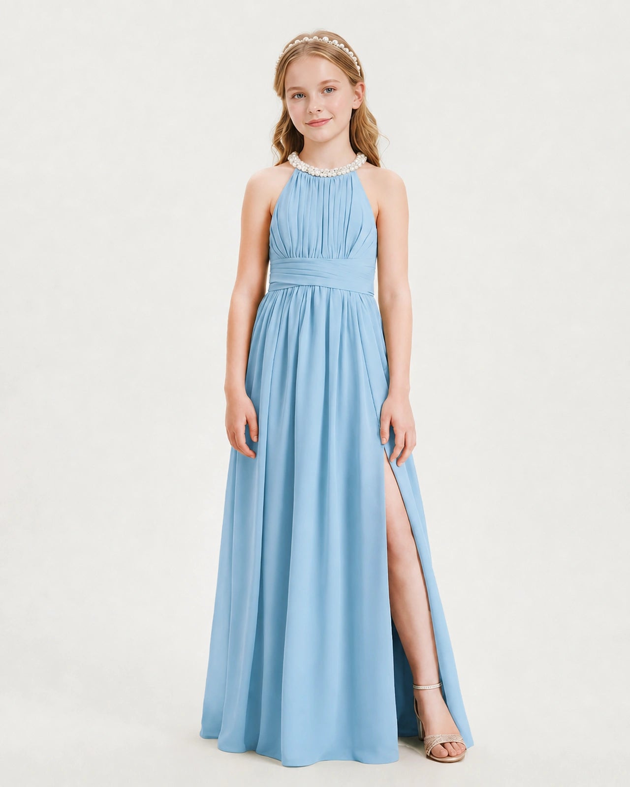 Sky Blue Junior Bridesmaid Dress Pearl Trim Halter Slit Chiffon Floor-Length Gown Front View