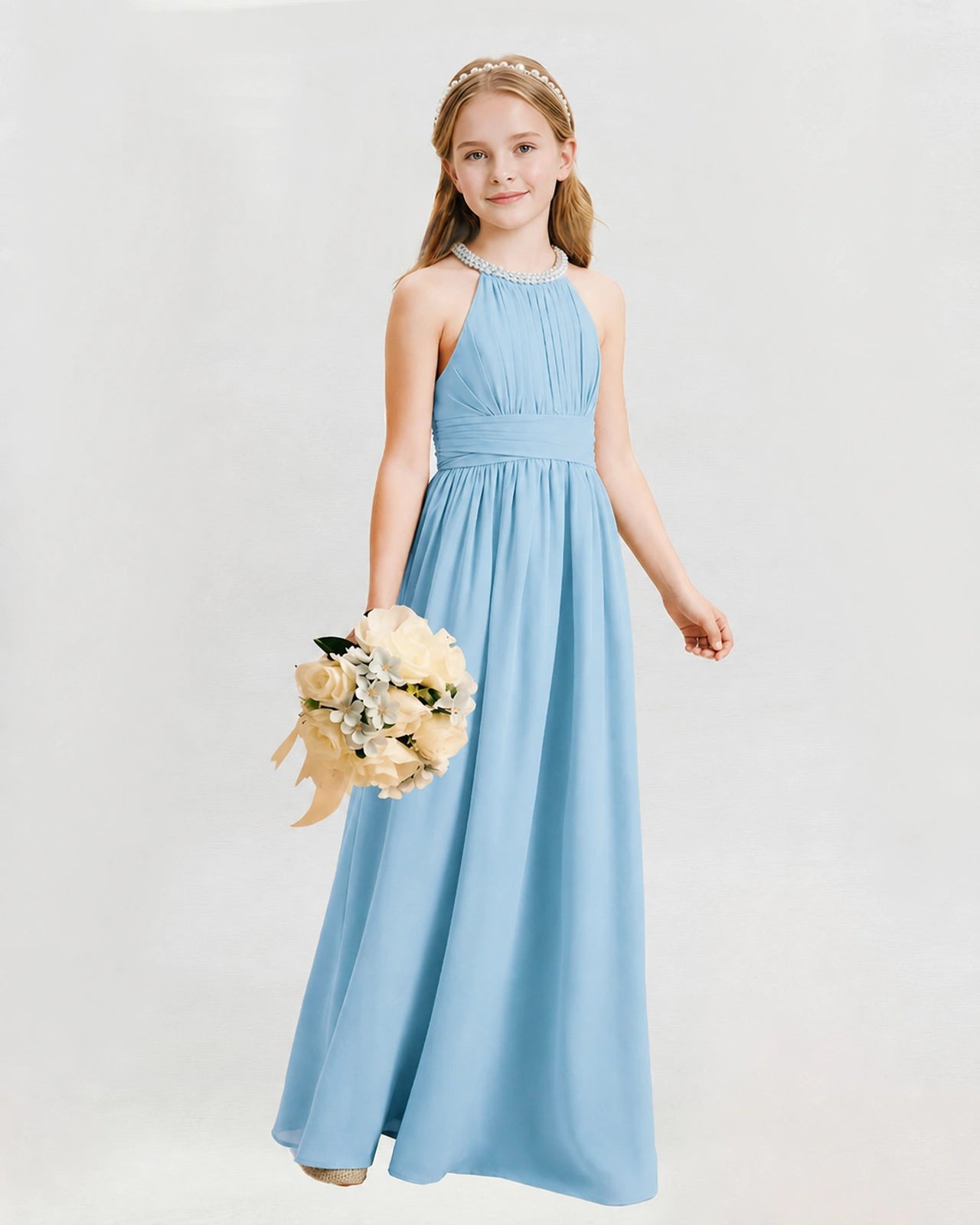 Sky Blue Junior Bridesmaid Dress Pearl Trim Halter Slit Chiffon Floor-Length Gown Front View