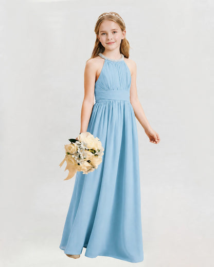 Sky Blue Junior Bridesmaid Dress Pearl Trim Halter Slit Chiffon Floor-Length Gown Front View