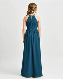 Teal Junior Bridesmaid Dress Pearl Trim Halter Slit Chiffon Floor-Length Gown Back View