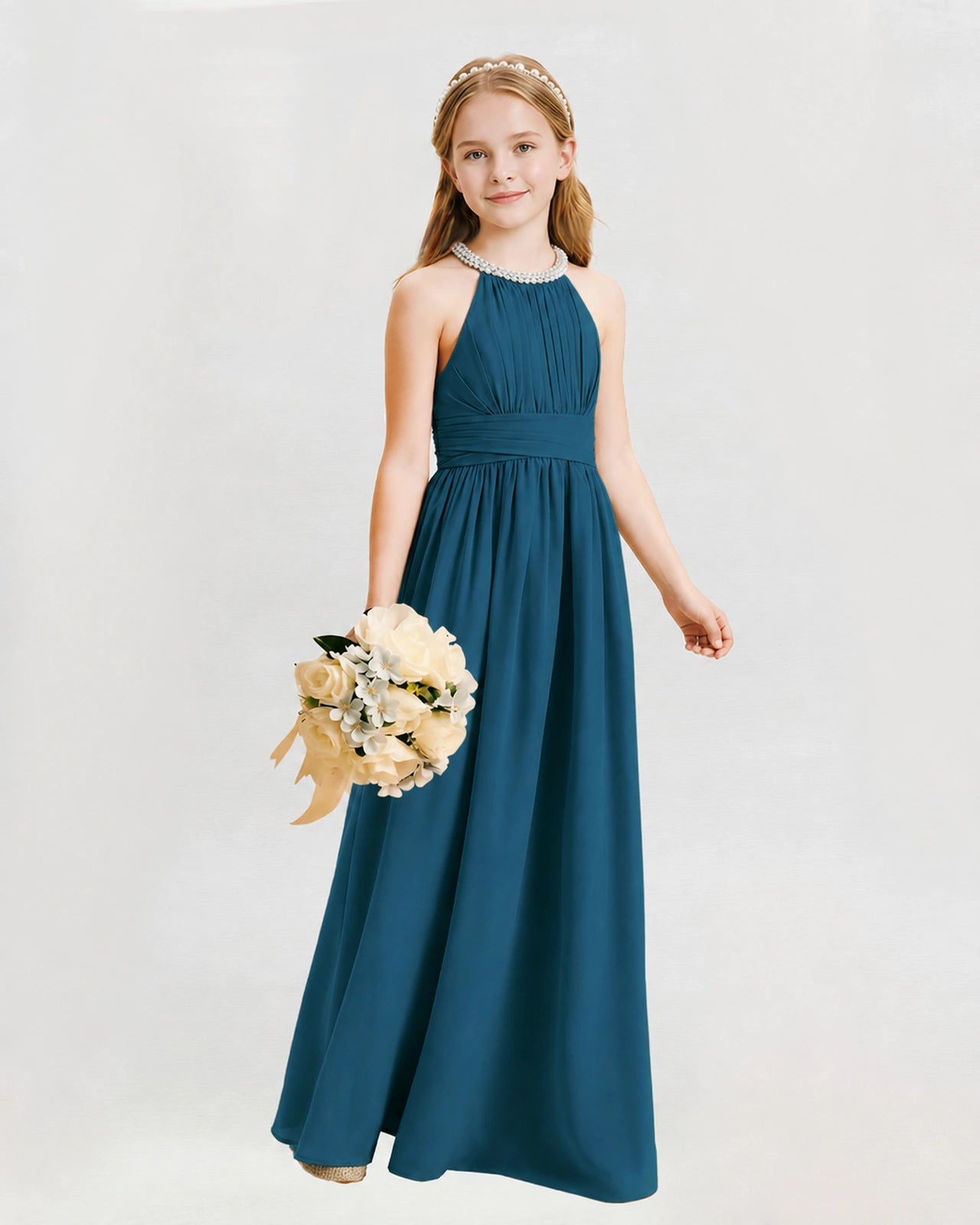 Teal Junior Bridesmaid Dress Pearl Trim Halter Slit Chiffon Floor-Length Gown Front View