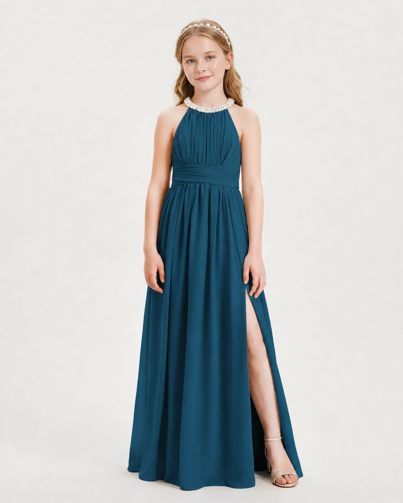 Teal Junior Bridesmaid Dress Pearl Trim Halter Slit Chiffon Floor-Length Gown Front View
