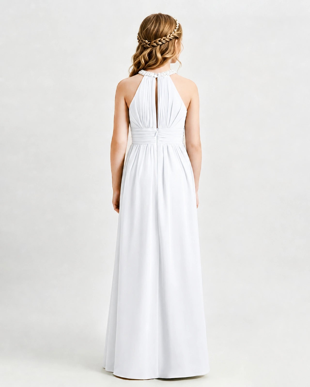 White Junior Bridesmaid Dress Pearl Trim Halter Slit Chiffon Floor-Length Gown Back View