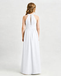 White Junior Bridesmaid Dress Pearl Trim Halter Slit Chiffon Floor-Length Gown Back View