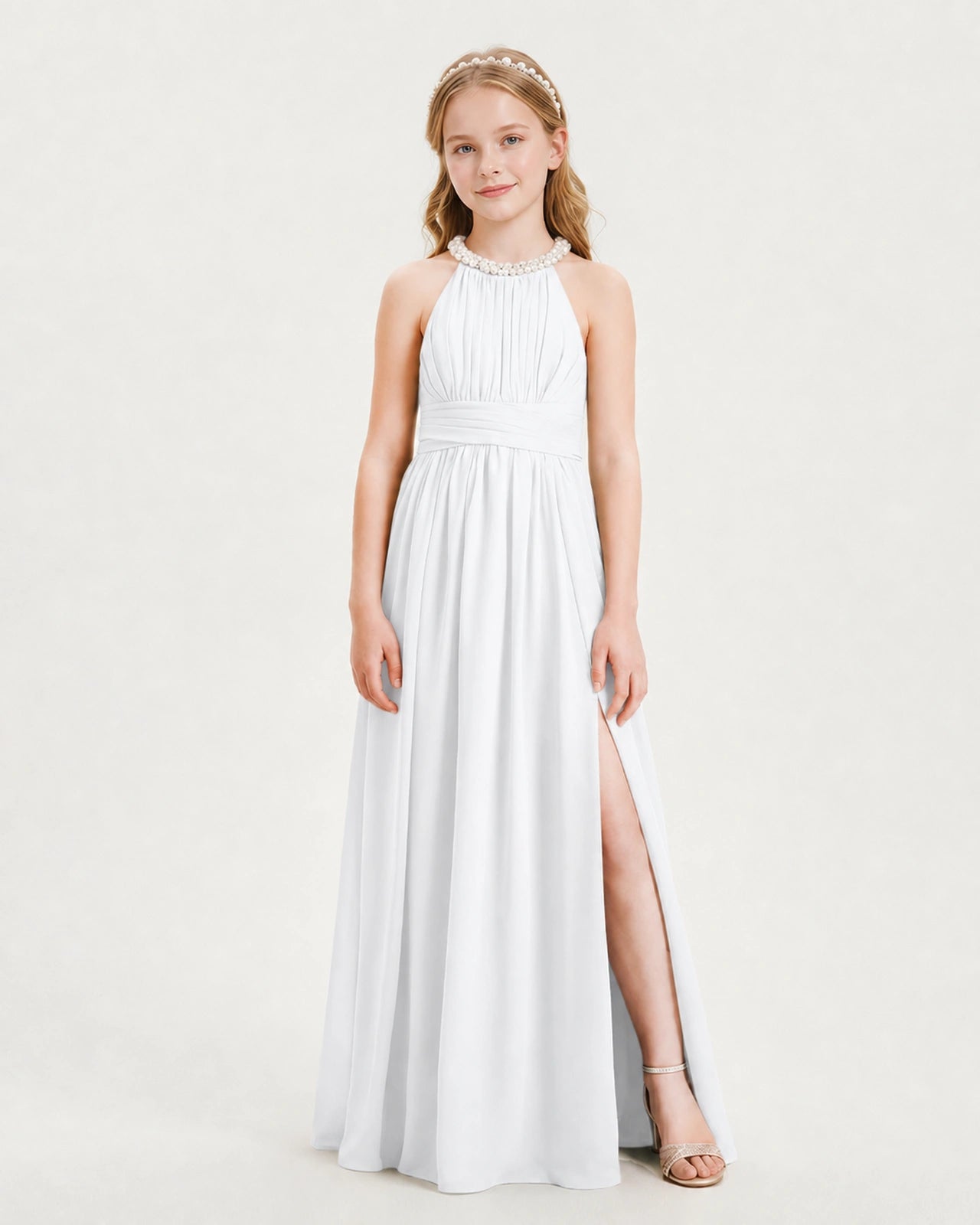 White Junior Bridesmaid Dress Pearl Trim Halter Slit Chiffon Floor-Length Gown Front View
