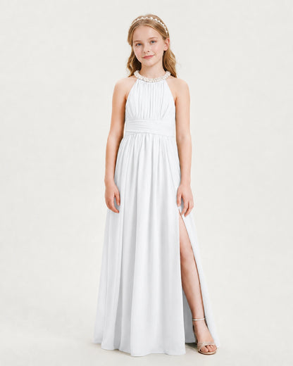White Junior Bridesmaid Dress Pearl Trim Halter Slit Chiffon Floor-Length Gown Front View