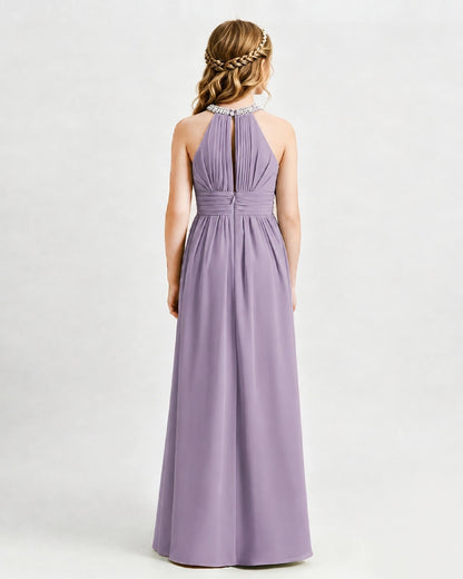Wisteria Junior Bridesmaid Dress Pearl Trim Halter Slit Chiffon Floor-Length Gown Back View
