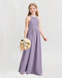 Wisteria Junior Bridesmaid Dress Pearl Trim Halter Slit Chiffon Floor-Length Gown Front View