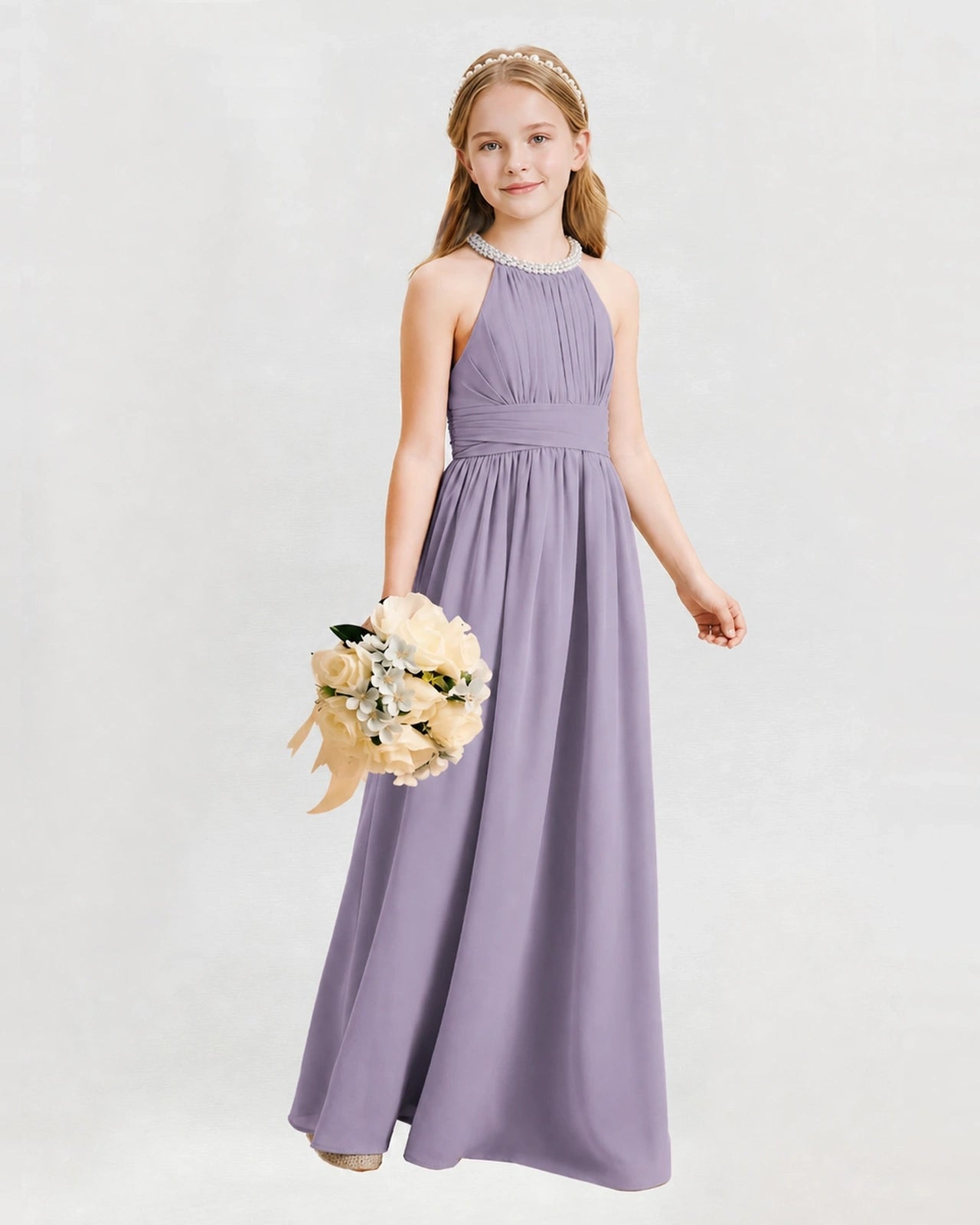Wisteria Junior Bridesmaid Dress Pearl Trim Halter Slit Chiffon Floor-Length Gown Front View