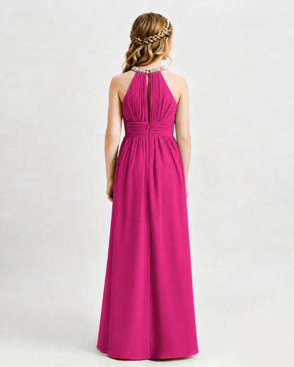 Hot Pink Junior Bridesmaid Dress Pearl Trim Halter Slit Chiffon Floor-Length Gown Back View