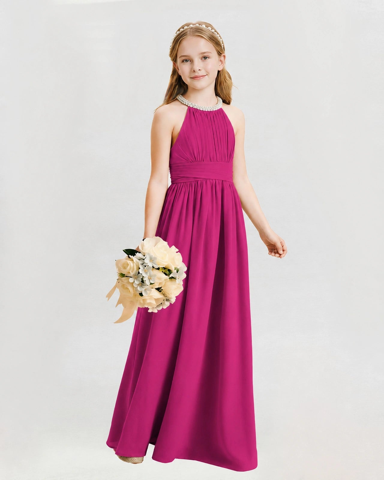 Hot Pink Junior Bridesmaid Dress Pearl Trim Halter Slit Chiffon Floor-Length Gown Front View