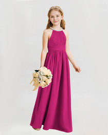 Hot Pink Junior Bridesmaid Dress Pearl Trim Halter Slit Chiffon Floor-Length Gown Front View