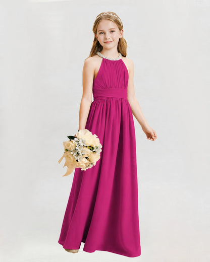 Hot Pink Junior Bridesmaid Dress Pearl Trim Halter Slit Chiffon Floor-Length Gown Front View