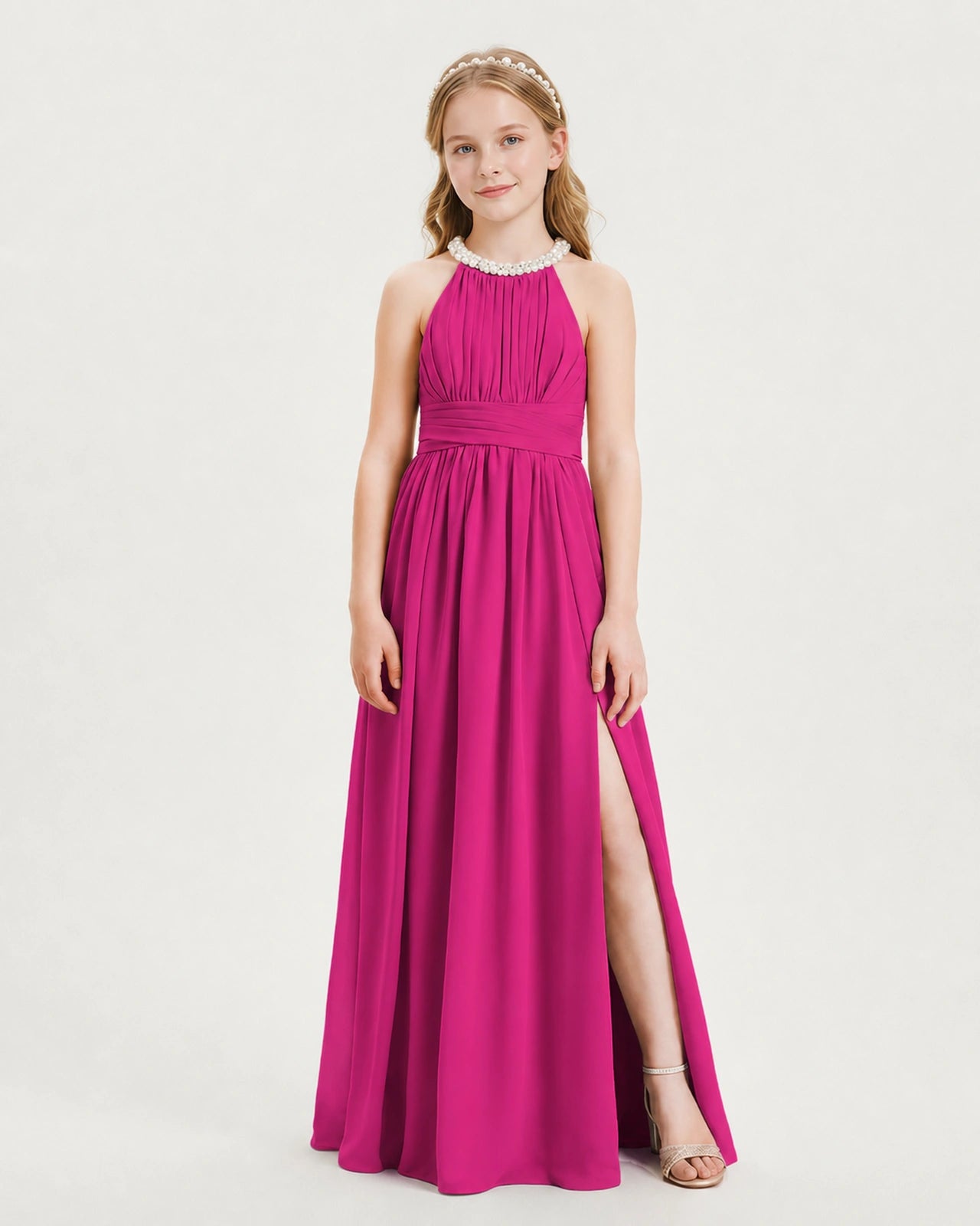 Hot Pink Junior Bridesmaid Dress Pearl Trim Halter Slit Chiffon Floor-Length Gown Front View