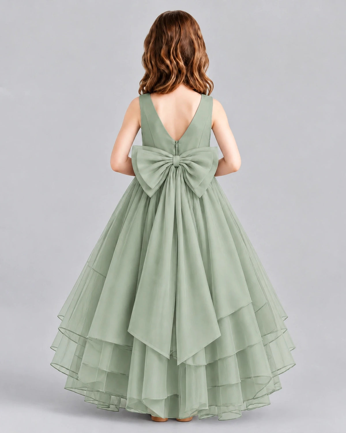 Sage Green Ball Gown Flower Girl Dresses Back