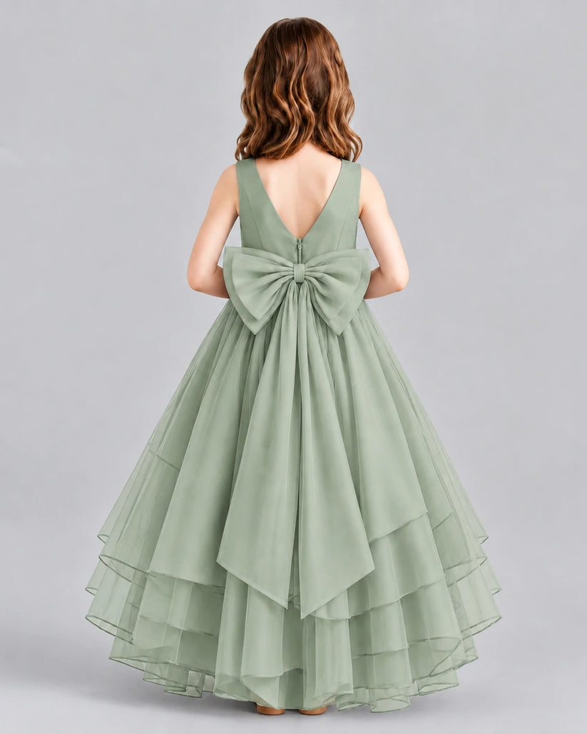Sage Green Ball Gown Flower Girl Dresses Back