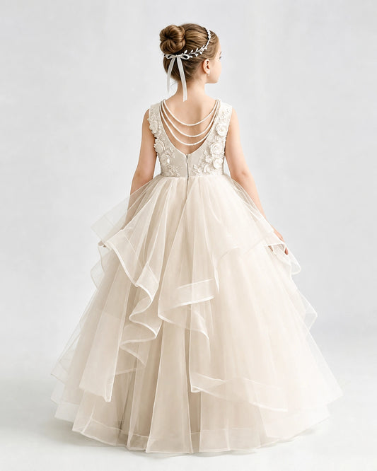 Champagne Tulle Ball Gown Pageant Dress Back View