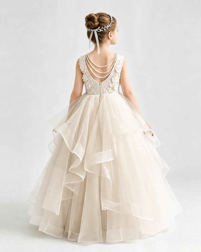 Champagne Tulle Ball Gown Pageant Dress Back View