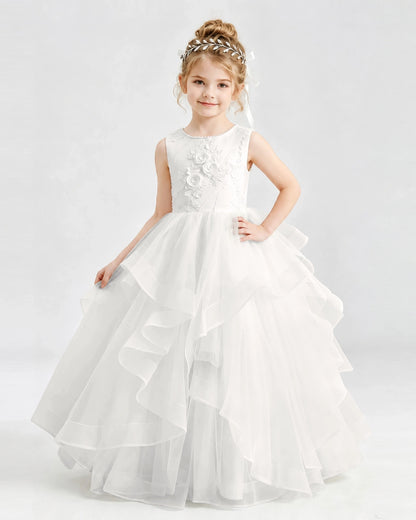 Ivory 3D Floral Flower Girl Dress Sleeveless Tiered Tulle Ball Gown Front View