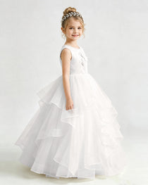 Ivory 3D Floral Flower Girl Dress Sleeveless Tiered Tulle Ball Gown Side View