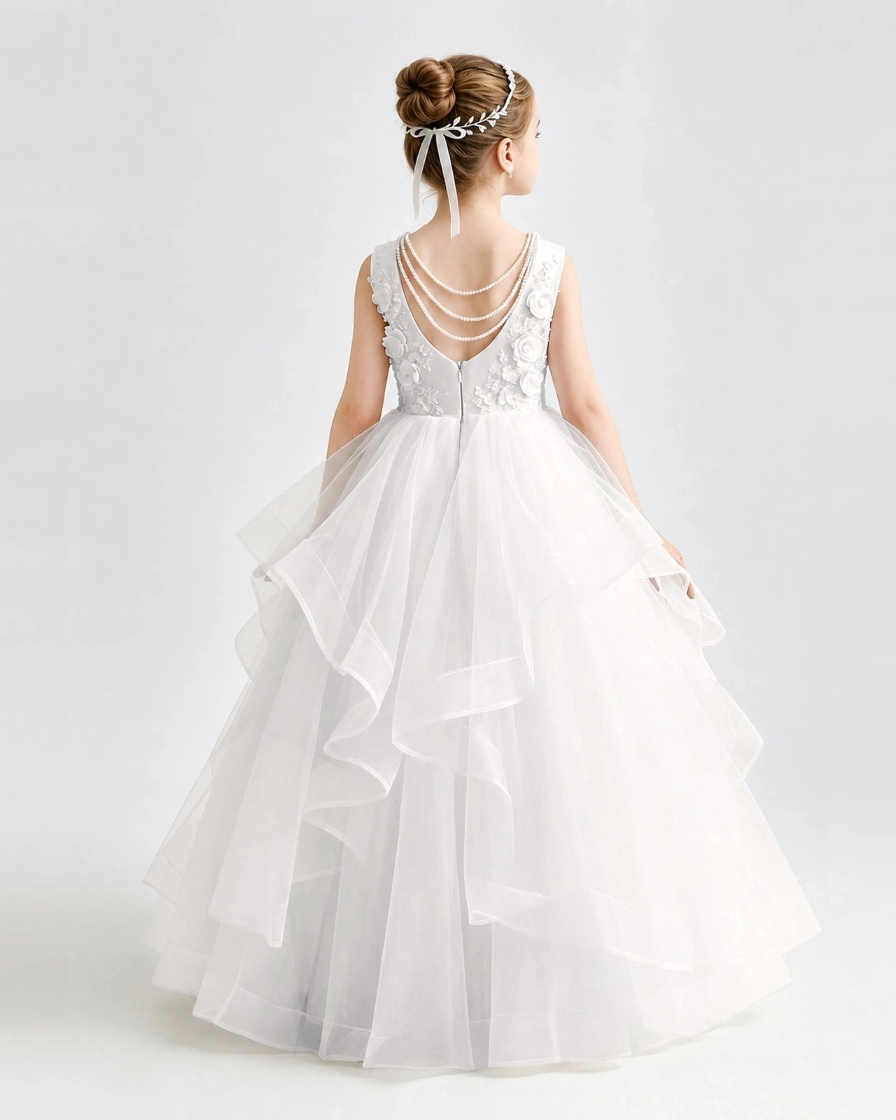 Ivory 3D Floral Flower Girl Dress Sleeveless Tiered Tulle Ball Gown Back View