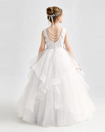 Ivory 3D Floral Flower Girl Dress Sleeveless Tiered Tulle Ball Gown Back View